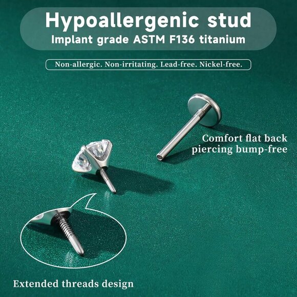 20G 18G 16G Flat Back Earrings Stud Nose Ring Titanium Internal Thread Tragus La - Picture 5 of 6